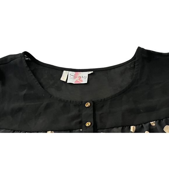 SASSY MATERNITY SHORT SLV, RND NECK, DRESSY BLOUSE, WOMENS, XL-BLACK-TAN CIRCLES - Picture 2 of 11